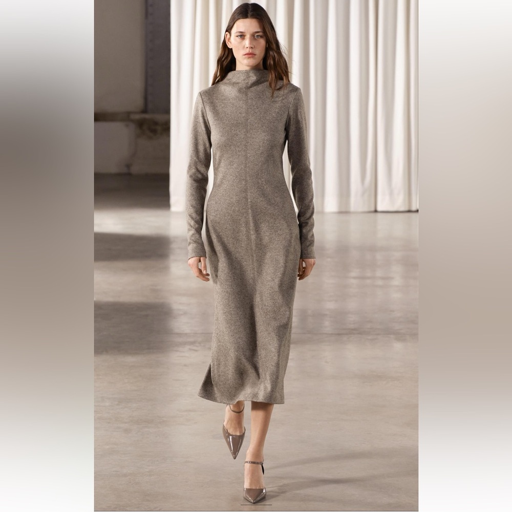 Zara Wool Blend Midi Dress High collar long sleeve ZW  Sand Neutral Size M NWT
